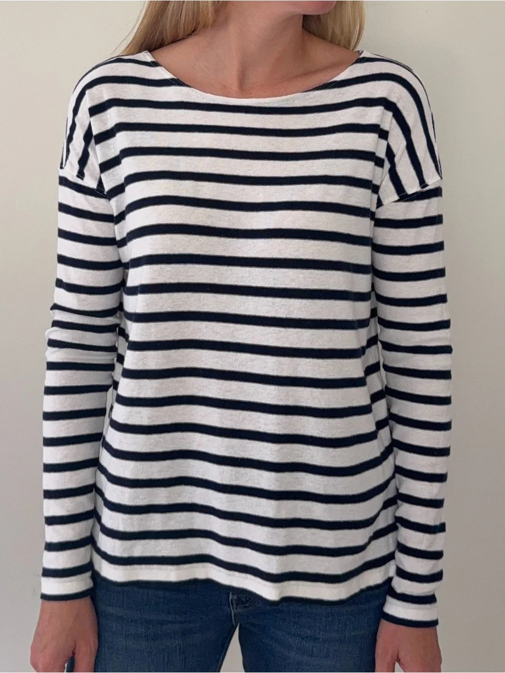 J. Crew Navy and White Striped Long-Sleeve Boatneck Top